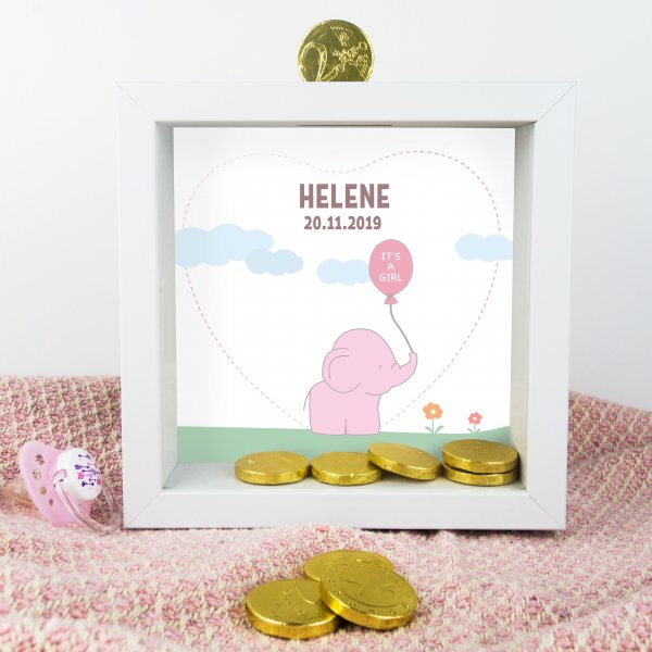 3D-Bilderrahmen Spardose zur Geburt mit Name und Datum