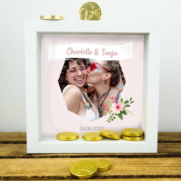 3D-Bilderrahmen-Spardose Hochzeit mit Foto