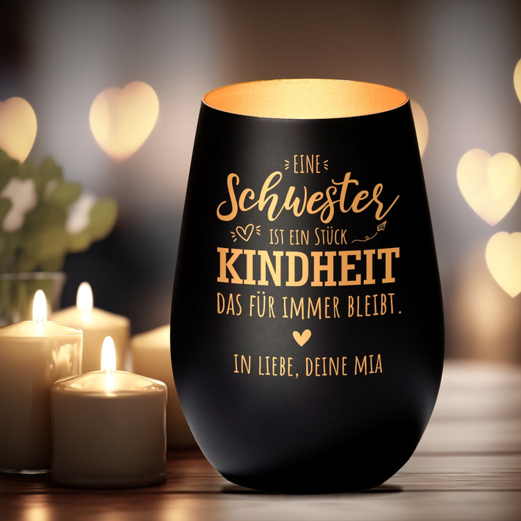 Windlicht Eine Schwester ist ein Stück Kindheit das für immer bleibt personalisiert
