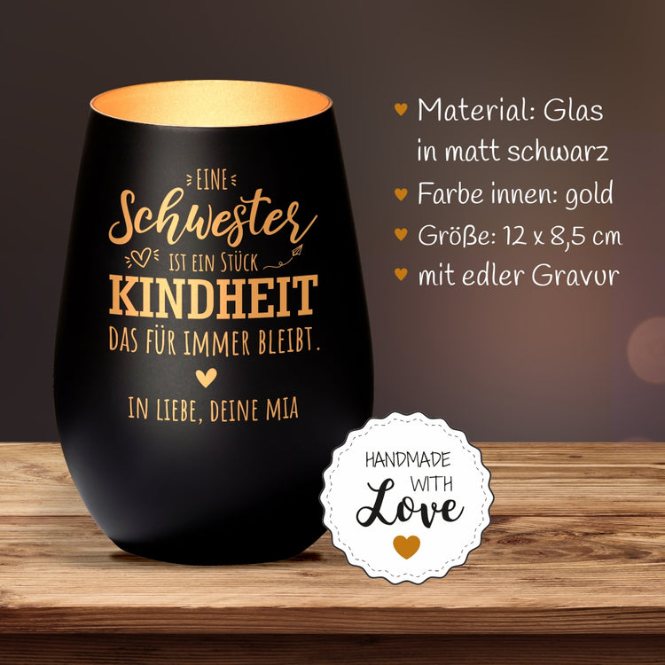 Windlicht Eine Schwester ist ein Stück Kindheit das für immer bleibt personalisiert