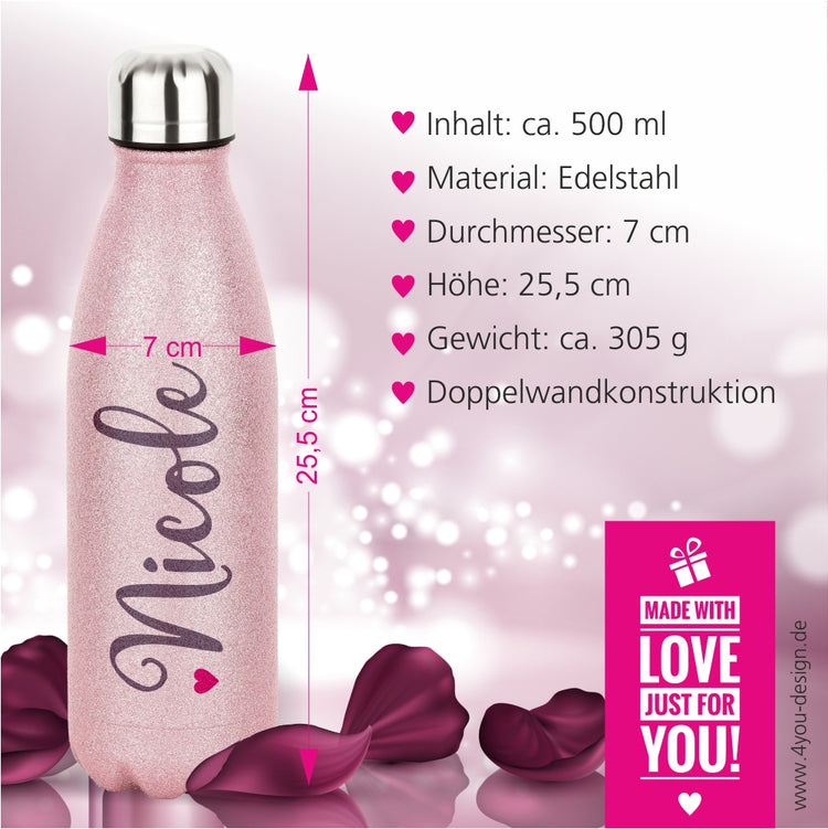 rosa Glitzerflasche mit Herz-Motiv, personalisiert mit Namen