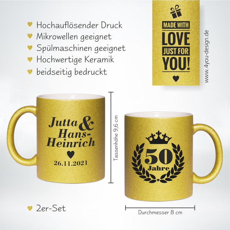 Goldene Tassen Set - zur Goldenen Hochzeit - personalisiert