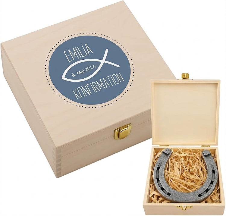 Personalisierte Hufeisen-Box Meine Konfirmation / Firmung / Kommunion (Fisch)