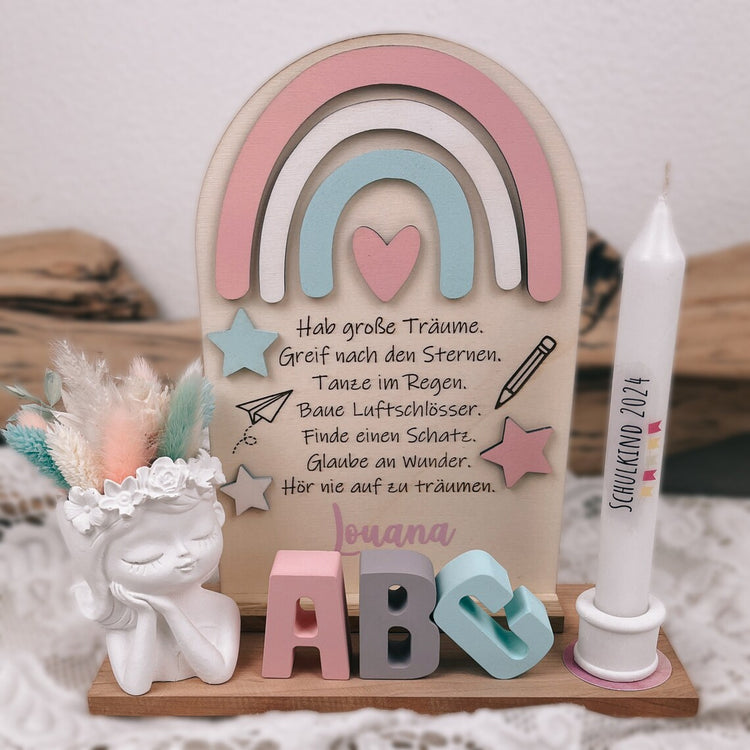 Einschulungs-Geschenk - Schultafel mit Regenbogen - mit Wunschname