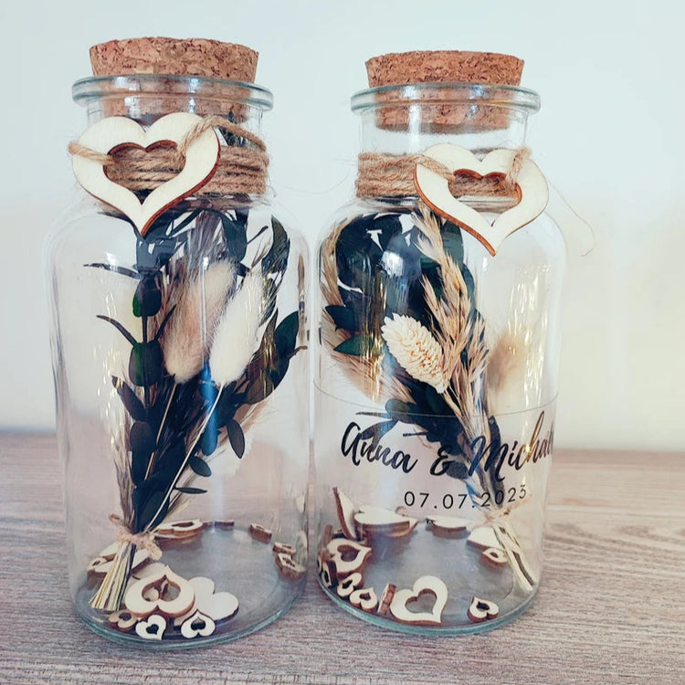 Geldgeschenk zur Hochzeit - Trockenblumen im Glas - mit Wunschtext