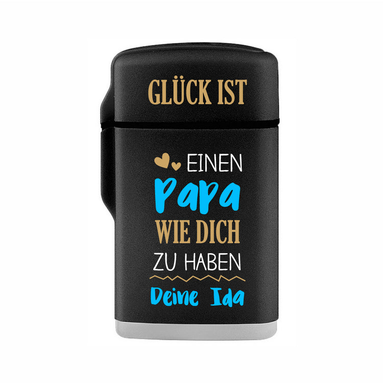 Sturmfeuerzeug Jetflame Glück ist Papa personalisiert mit Deinem Namen