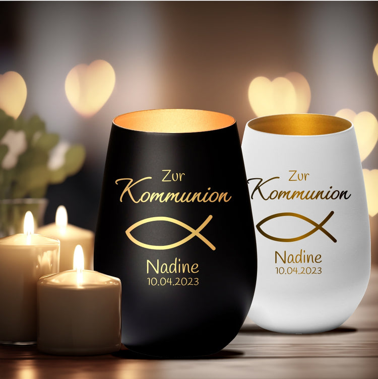 Windlicht Kommunion Motiv Fisch personalisiert