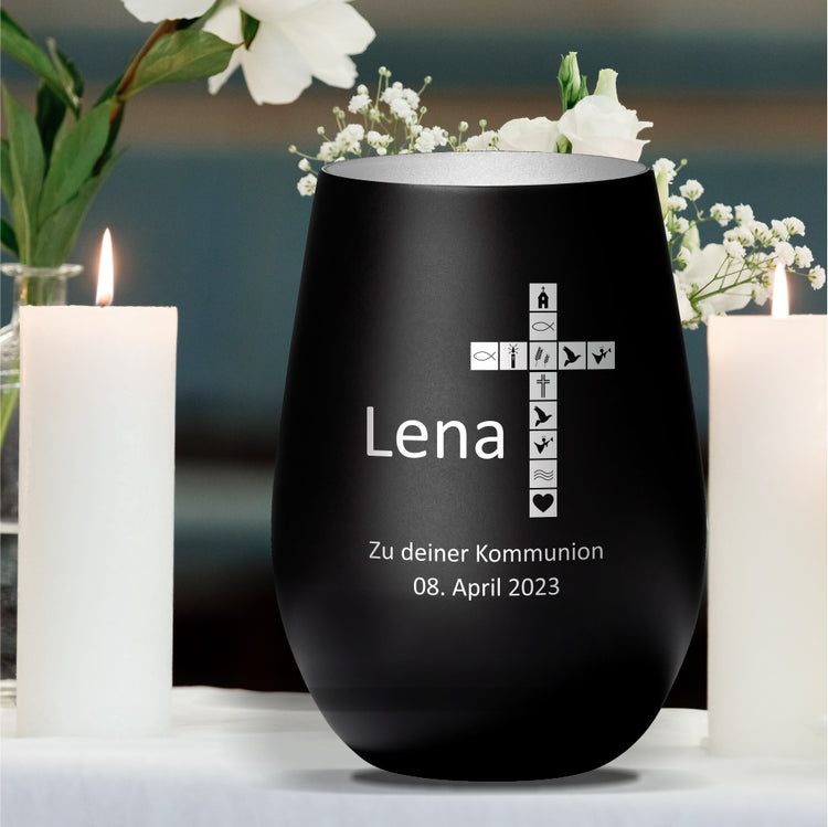 Windlicht Kommunion Motiv Kreuz personalisiert