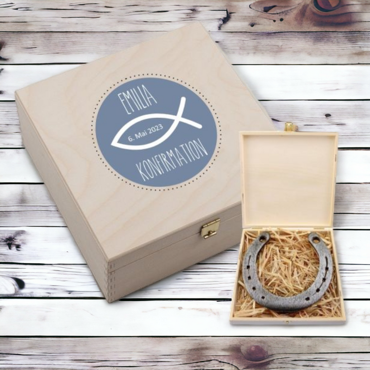 Personalisierte Hufeisen-Box Meine Konfirmation / Firmung / Kommunion (Fisch)