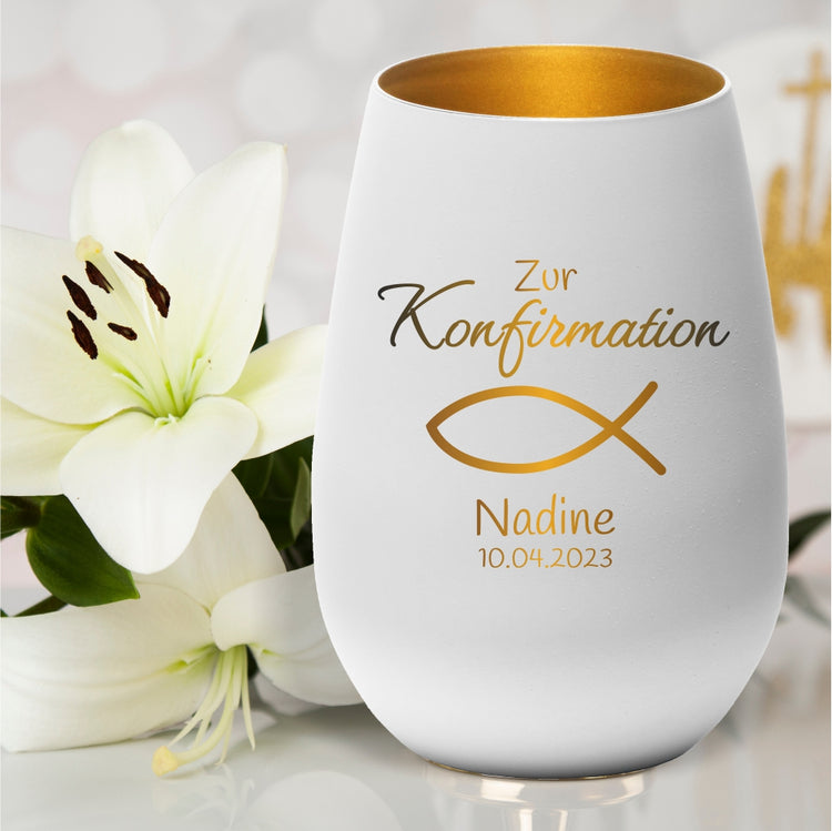 Windlicht Konfirmation Motiv Fisch personalisiert