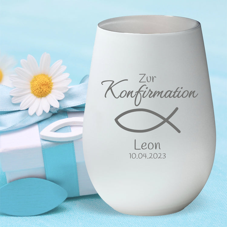 Windlicht Konfirmation Motiv Fisch personalisiert