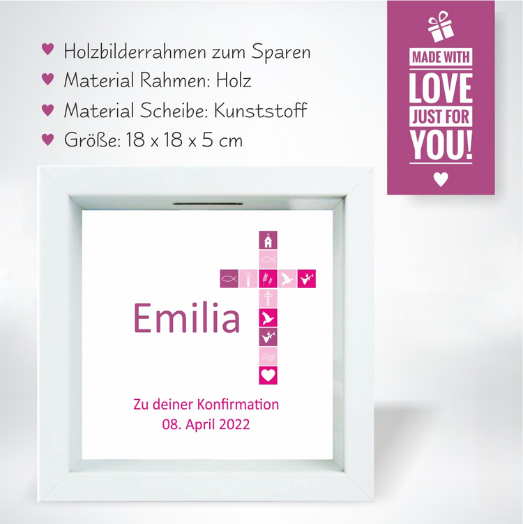 Personalisierter 3D-Bilderrahmen Konfirmation Motiv Kreuz