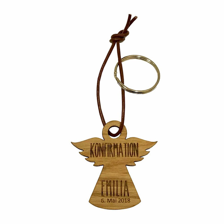 Schlüsselanhänger aus Holz zur Konfirmation - personalisiert (Engel)