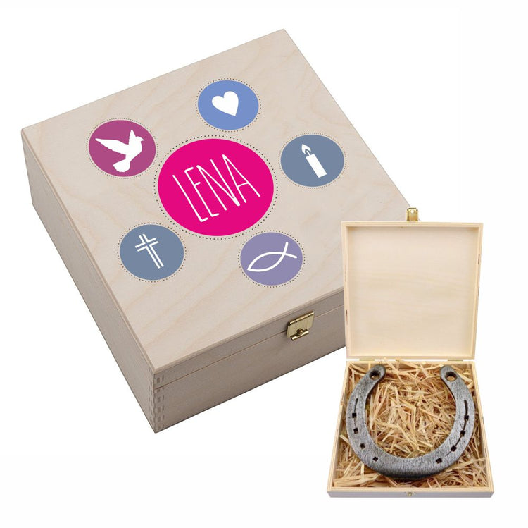 Personalisierte Hufeisen-Box Meine Konfirmation / Firmung / Kommunion (pink/blau)