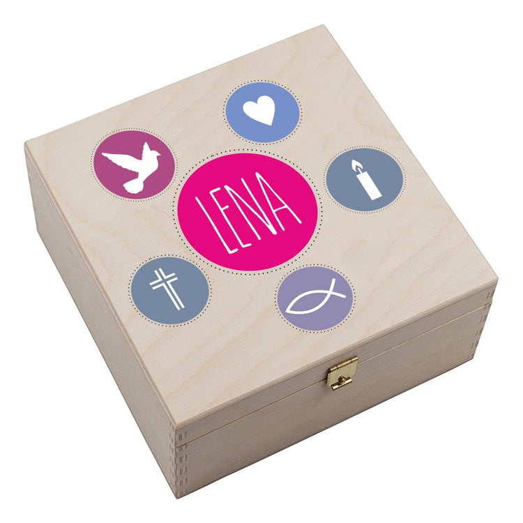 Personalisierte Hufeisen-Box Meine Konfirmation / Firmung / Kommunion (pink/blau)