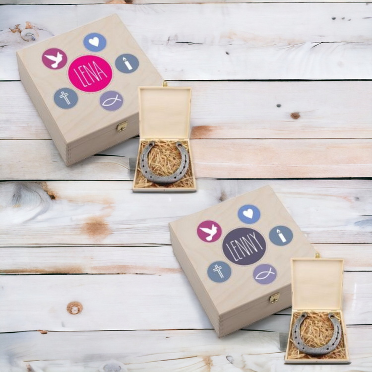 Personalisierte Hufeisen-Box Meine Konfirmation / Firmung / Kommunion (pink/blau)