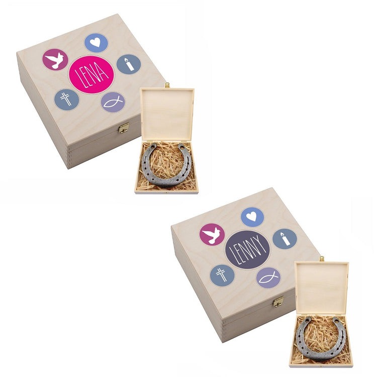 Personalisierte Hufeisen-Box Meine Konfirmation / Firmung / Kommunion (pink/blau)