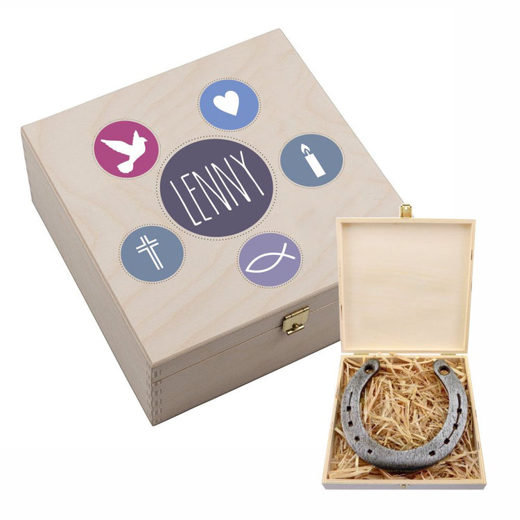 Personalisierte Hufeisen-Box Meine Konfirmation / Firmung / Kommunion (pink/blau)