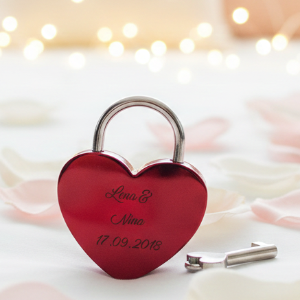 Herzförmiges Liebesschloss mit Wunschgravur rot