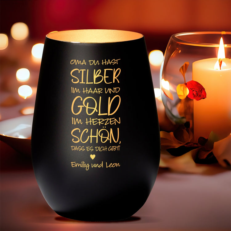 Windlicht Oma du hast Silber im Haar und Gold im Herzen personalisiert