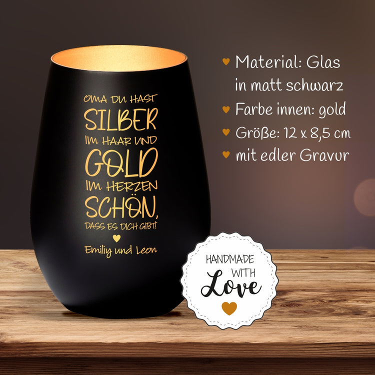 Windlicht Oma du hast Silber im Haar und Gold im Herzen personalisiert