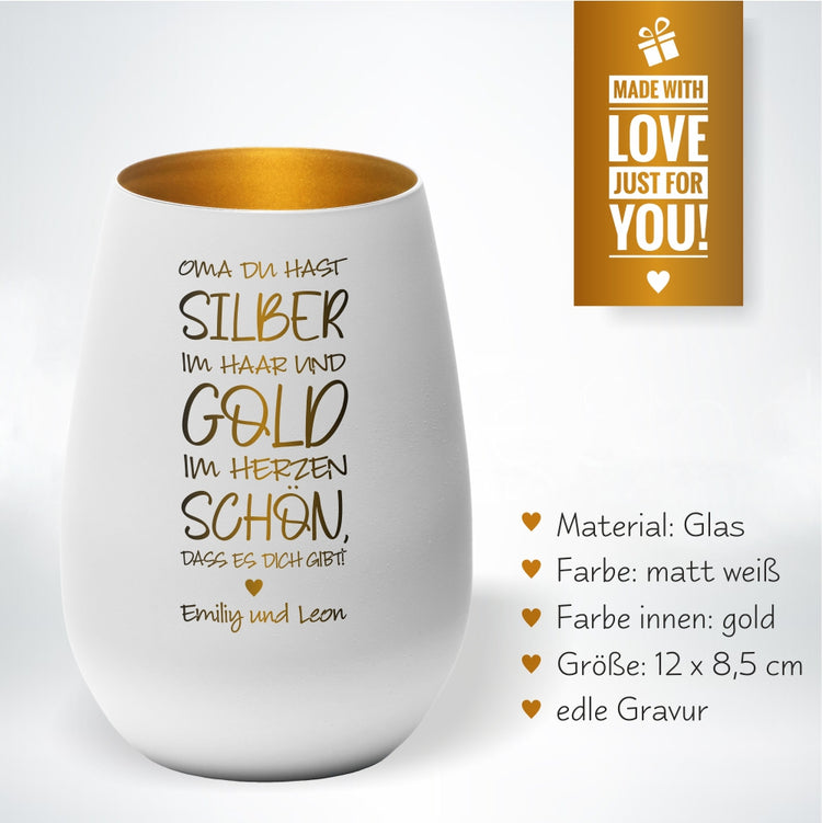 Windlicht Oma du hast Silber im Haar und Gold im Herzen personalisiert