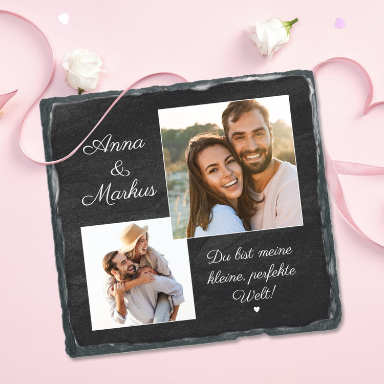 Schiefertafel zur Hochzeit mit 2 Fotos Du bist meine kleine perfekte Welt! - personalisierbar mit 2 Namen