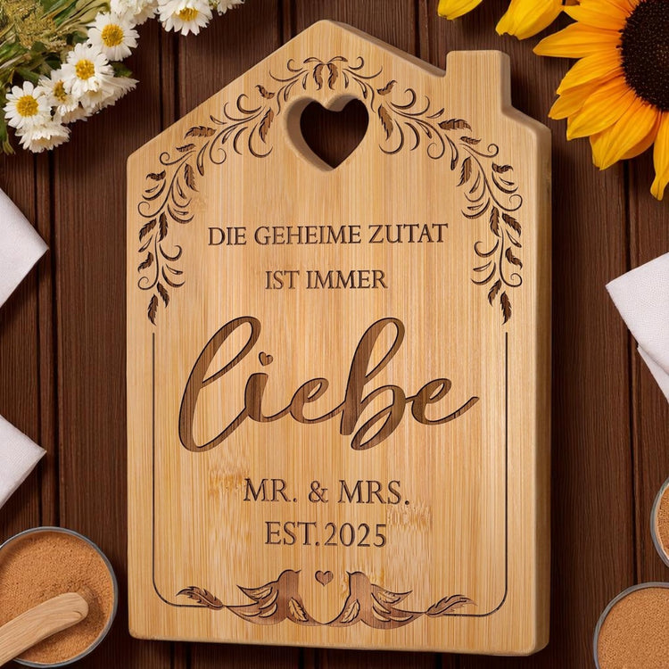 Graviertes Bambus Schneidbrett zur Hochzeit - Mr & Mrs