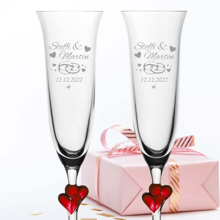 2er Set personalisierte Sektgläser mit roten Herzen im Stiel Motiv: Ringe