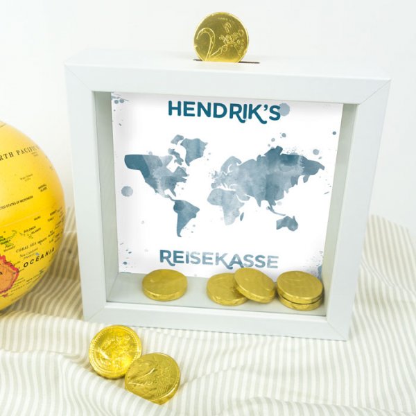 3D-Bilderrahmen Spardose Reisekasse mit Wunschnamen