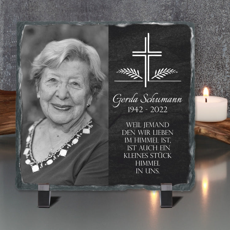 Schiefertafel mit Fotodruck Weil jemand den wir lieben im Himmel ist, ist auch ein kleines Stück Himmel in uns - personalisierbar