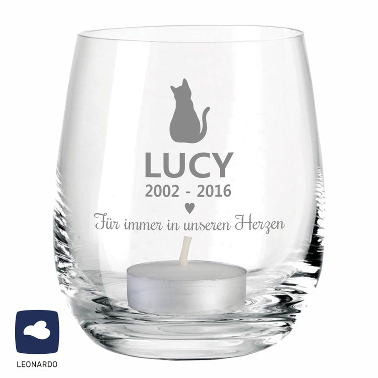 Personalisiertes Windlicht Für immer in unseren Herzen - Katze - Trauerlicht