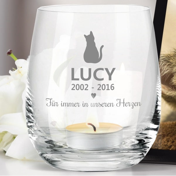 Personalisiertes Windlicht Für immer in unseren Herzen - Katze - Trauerlicht