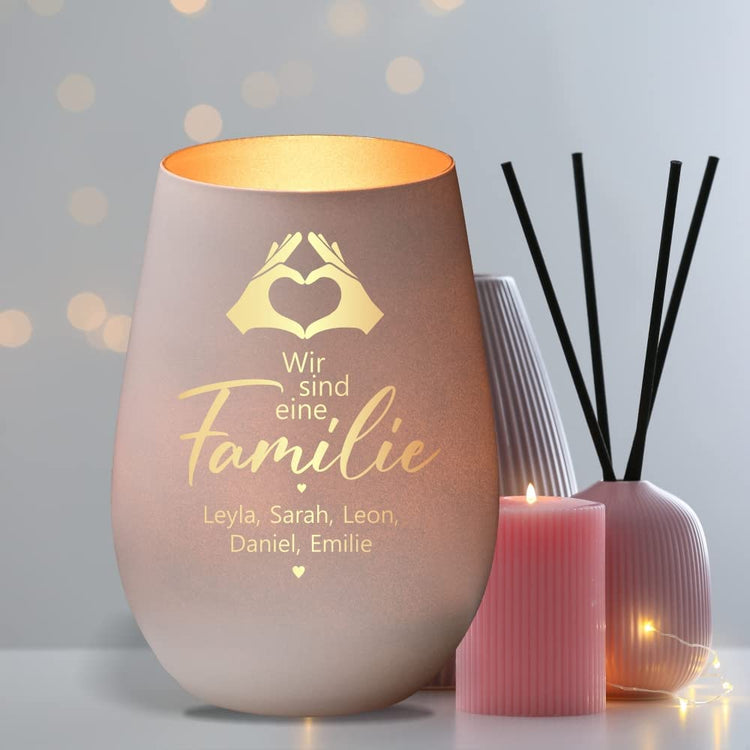 Windlicht Wir sind eine FAMILIE Motiv Hände personalisiert