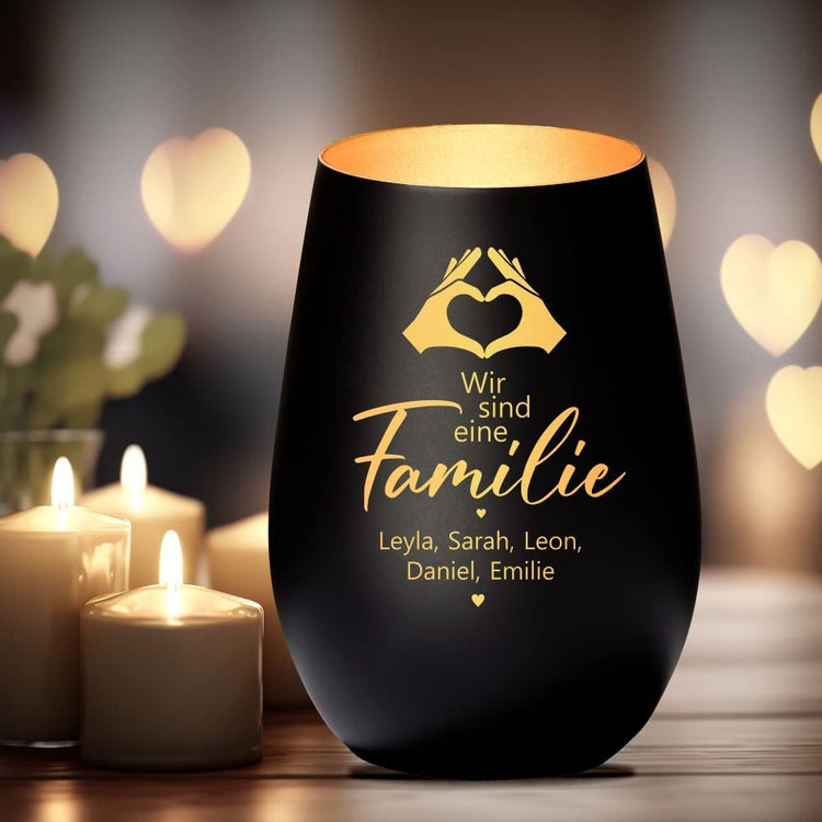 Windlicht Wir sind eine FAMILIE Motiv Hände personalisiert