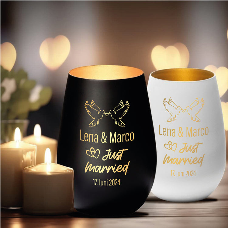 Windlicht Hochzeit Just Married Tauben Doppelherz