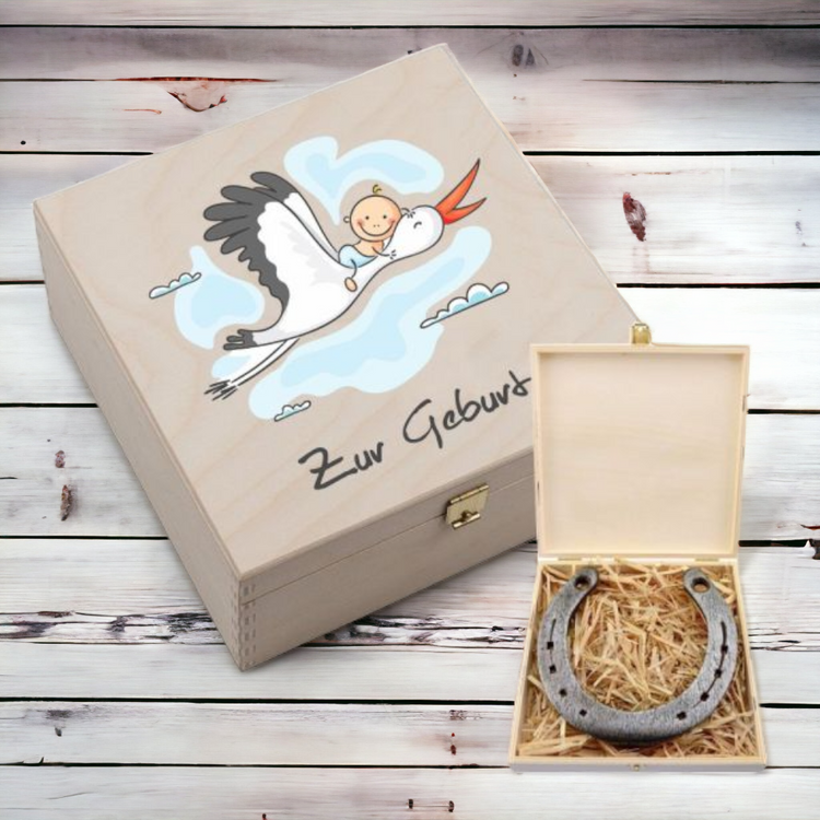 Hufeisen-Box Zur Geburt (Storch)